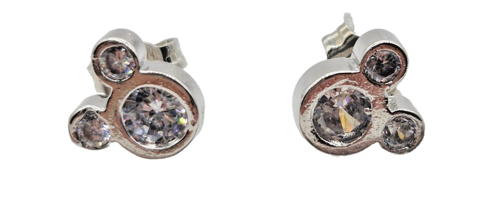 Mickey Mouse Style Clear Crystal Rhinestone Silver Tone Stud Earrings 925 Backs